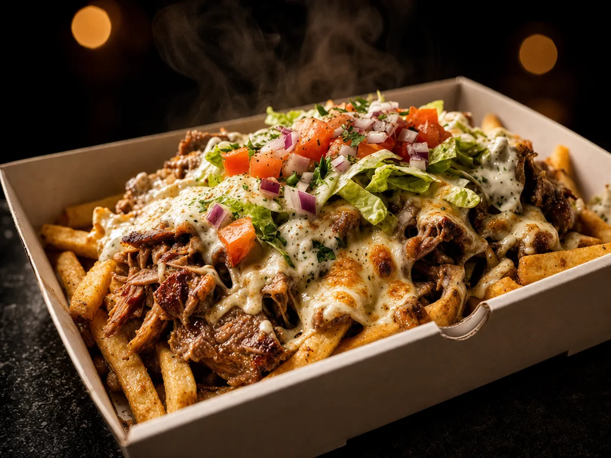 Loaded fries in a takeaway tray under molten cheese, shredded slow-cooked meat, tomato, red onion and shredded lettuce, with steam rising and a herbed sauce drizzled over.