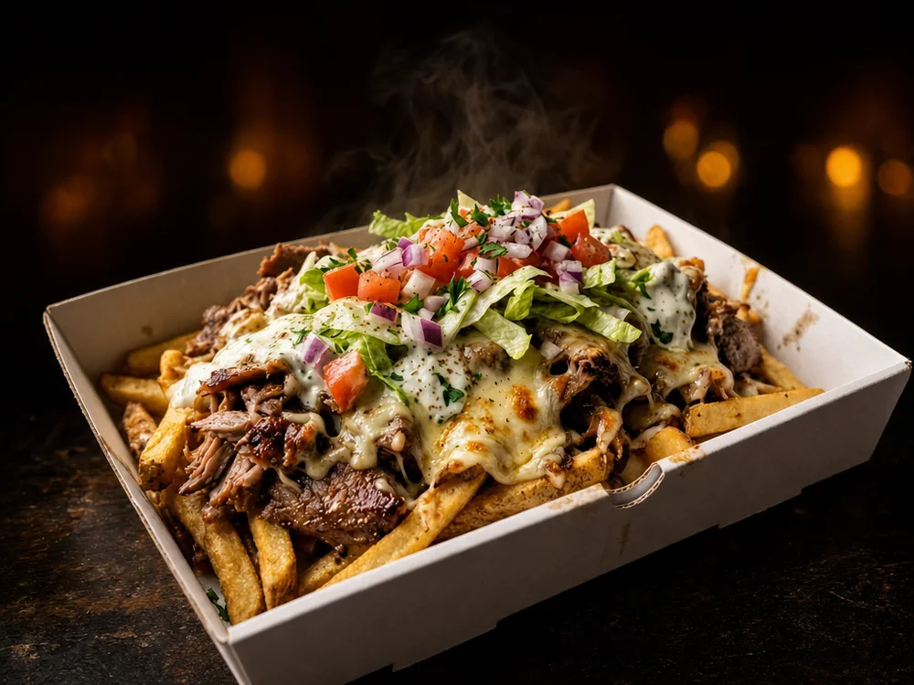A full tray of pulled lamb loaded fries with the whole tray in frame: golden seasoned fries under melted cheese, shredded slow-cooked lamb, diced tomato, red onion and shredded lettuce with herbed sauce drizzled over, steam rising against a dark bar background.